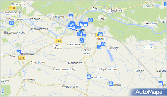 mapa Nowa Wieś gmina Wronki, Nowa Wieś gmina Wronki na mapie Targeo