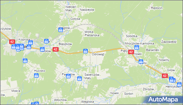 mapa Odrowąż gmina Stąporków, Odrowąż gmina Stąporków na mapie Targeo