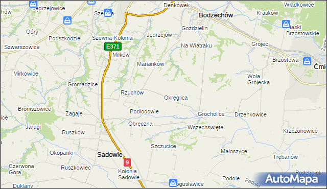 mapa Okręglica gmina Sadowie, Okręglica gmina Sadowie na mapie Targeo