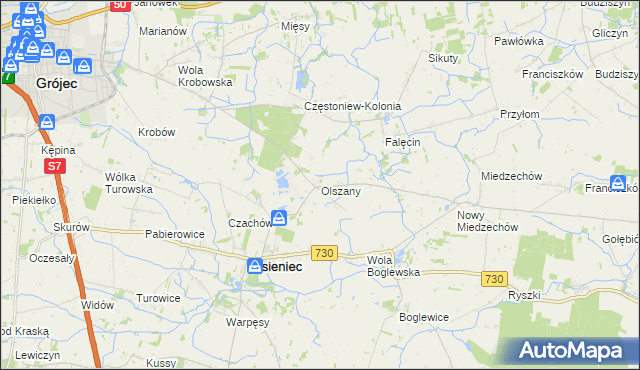 mapa Olszany gmina Jasieniec, Olszany gmina Jasieniec na mapie Targeo