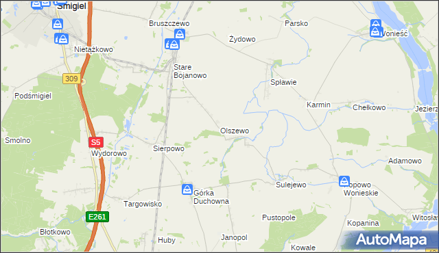 mapa Olszewo gmina Śmigiel, Olszewo gmina Śmigiel na mapie Targeo