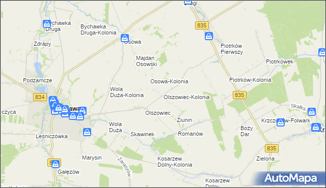 mapa Olszowiec-Kolonia gmina Bychawa, Olszowiec-Kolonia gmina Bychawa na mapie Targeo