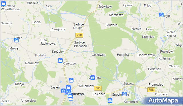 mapa Olszówka gmina Łopuszno, Olszówka gmina Łopuszno na mapie Targeo