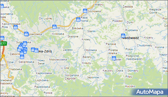 mapa Olszówka gmina Mszana Dolna, Olszówka gmina Mszana Dolna na mapie Targeo