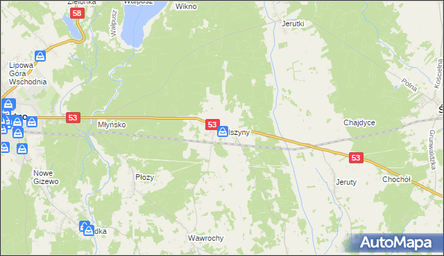 mapa Olszyny gmina Szczytno, Olszyny gmina Szczytno na mapie Targeo