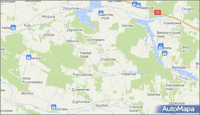 mapa Orzechów gmina Lutomiersk, Orzechów gmina Lutomiersk na mapie Targeo