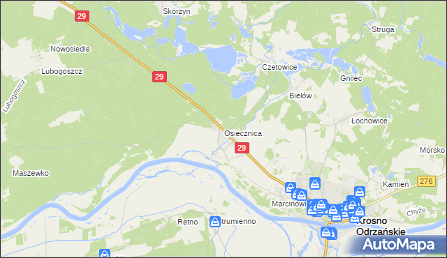 mapa Osiecznica gmina Krosno Odrzańskie, Osiecznica gmina Krosno Odrzańskie na mapie Targeo