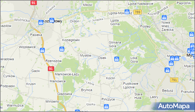 mapa Osiek gmina Koziegłowy, Osiek gmina Koziegłowy na mapie Targeo