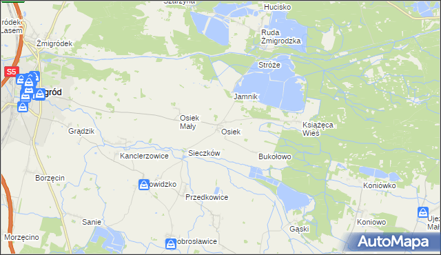mapa Osiek gmina Żmigród, Osiek gmina Żmigród na mapie Targeo