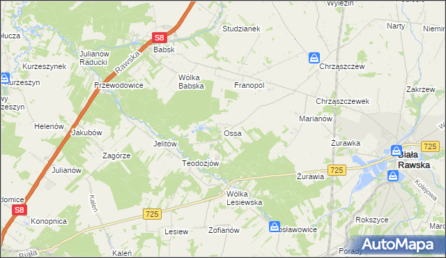 mapa Ossa gmina Biała Rawska, Ossa gmina Biała Rawska na mapie Targeo
