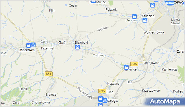 mapa Ostrów gmina Gać, Ostrów gmina Gać na mapie Targeo