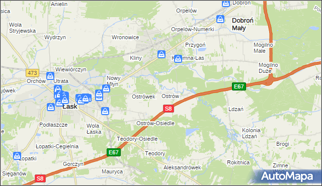 mapa Ostrów gmina Łask, Ostrów gmina Łask na mapie Targeo