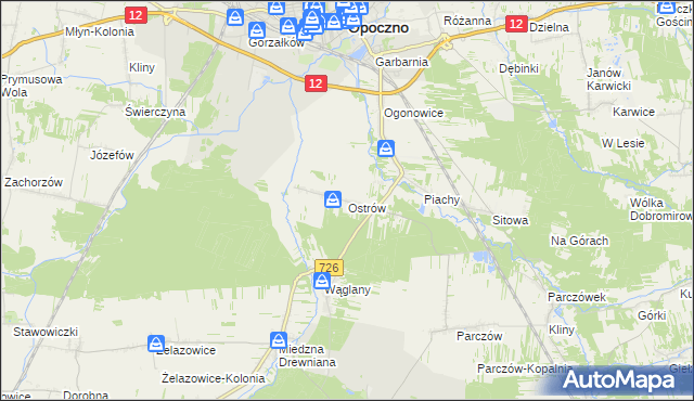 mapa Ostrów gmina Opoczno, Ostrów gmina Opoczno na mapie Targeo