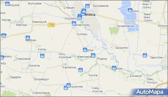 mapa Ostrów gmina Wiślica, Ostrów gmina Wiślica na mapie Targeo