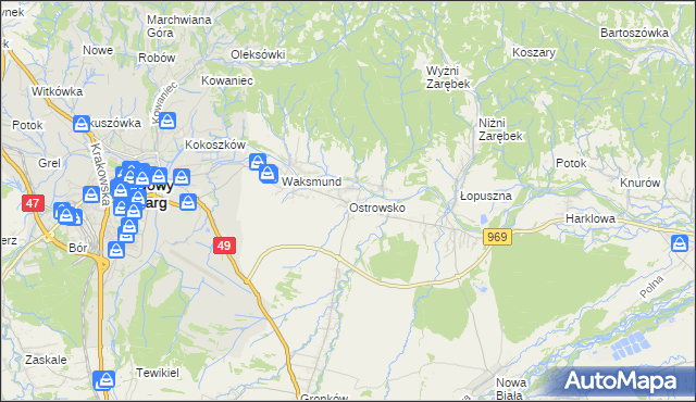 mapa Ostrowsko gmina Nowy Targ, Ostrowsko gmina Nowy Targ na mapie Targeo