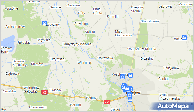 mapa Ostrowsko gmina Uniejów, Ostrowsko gmina Uniejów na mapie Targeo