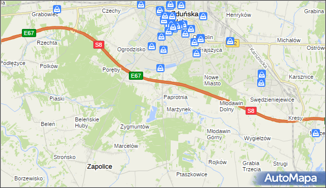 mapa Paprotnia gmina Zapolice, Paprotnia gmina Zapolice na mapie Targeo