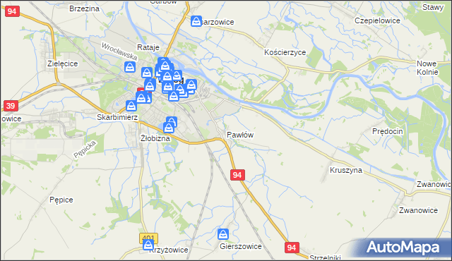 mapa Pawłów gmina Skarbimierz, Pawłów gmina Skarbimierz na mapie Targeo