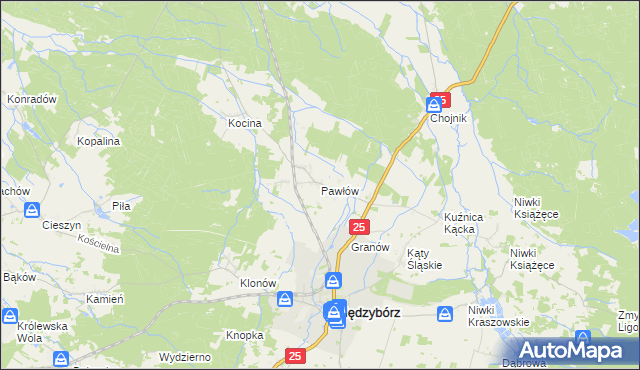 mapa Pawłów gmina Sośnie, Pawłów gmina Sośnie na mapie Targeo