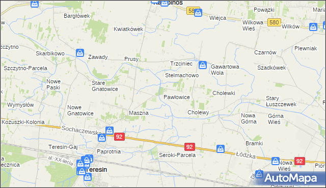 mapa Pawłowice gmina Teresin, Pawłowice gmina Teresin na mapie Targeo
