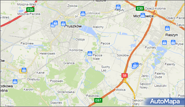 mapa Pęcice Małe, Pęcice Małe na mapie Targeo