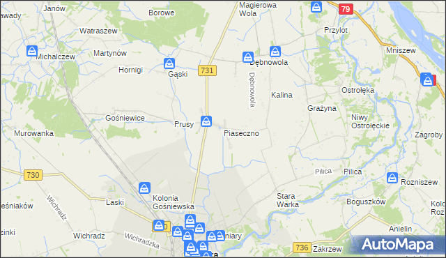 mapa Piaseczno gmina Warka, Piaseczno gmina Warka na mapie Targeo