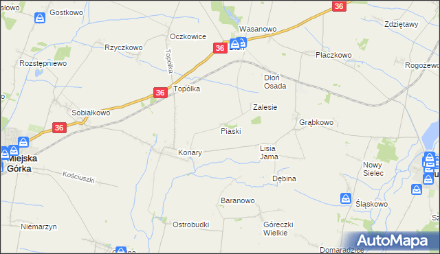 mapa Piaski gmina Miejska Górka, Piaski gmina Miejska Górka na mapie Targeo