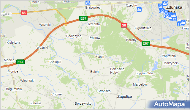 mapa Piaski gmina Zduńska Wola, Piaski gmina Zduńska Wola na mapie Targeo