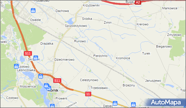 mapa Pierzchno gmina Kórnik, Pierzchno gmina Kórnik na mapie Targeo