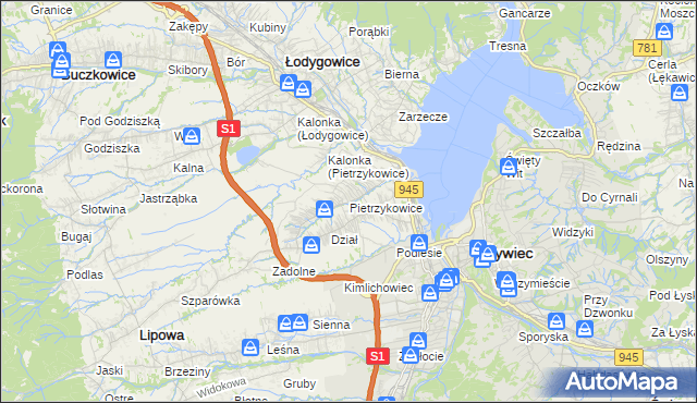 mapa Pietrzykowice gmina Łodygowice, Pietrzykowice gmina Łodygowice na mapie Targeo