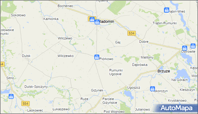 mapa Piórkowo gmina Radomin, Piórkowo gmina Radomin na mapie Targeo