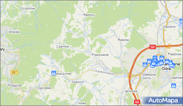 mapa Pisarzowice gmina Kamienna Góra, Pisarzowice gmina Kamienna Góra na mapie Targeo