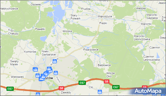 mapa Pisarzowice gmina Kobyla Góra, Pisarzowice gmina Kobyla Góra na mapie Targeo