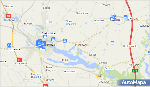 mapa Pluskowęsy gmina Chełmża, Pluskowęsy gmina Chełmża na mapie Targeo