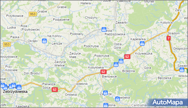 mapa Podchybie gmina Lanckorona, Podchybie gmina Lanckorona na mapie Targeo