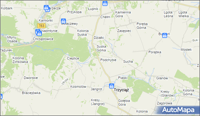 mapa Podchybie gmina Trzyciąż, Podchybie gmina Trzyciąż na mapie Targeo
