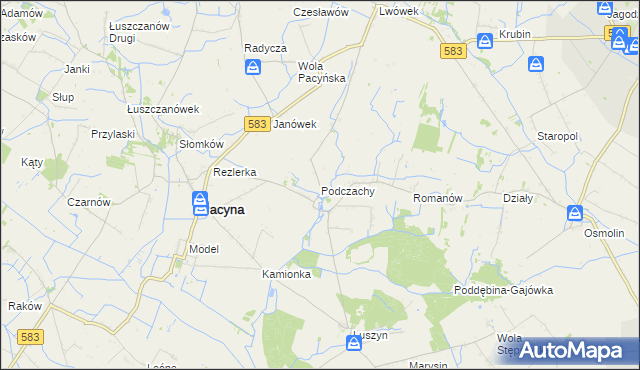 mapa Podczachy gmina Pacyna, Podczachy gmina Pacyna na mapie Targeo