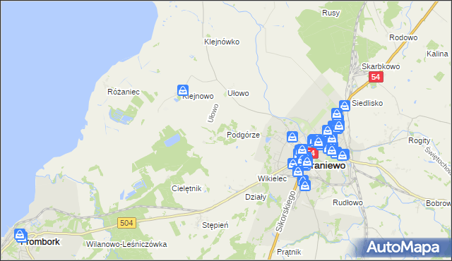 mapa Podgórze gmina Braniewo, Podgórze gmina Braniewo na mapie Targeo