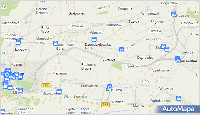 mapa Podlesice gmina Charsznica, Podlesice gmina Charsznica na mapie Targeo
