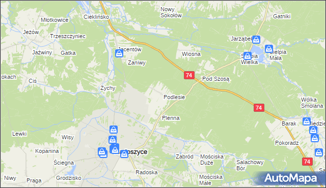 mapa Podlesie gmina Radoszyce, Podlesie gmina Radoszyce na mapie Targeo