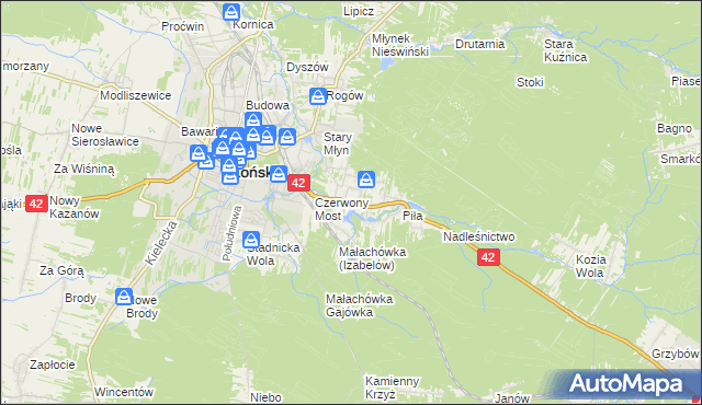 mapa Pomyków gmina Końskie, Pomyków gmina Końskie na mapie Targeo