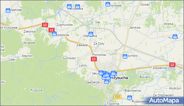 mapa Pomyków gmina Przysucha, Pomyków gmina Przysucha na mapie Targeo