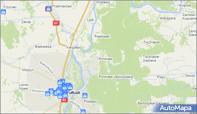 mapa Ponikiew gmina Pułtusk, Ponikiew gmina Pułtusk na mapie Targeo