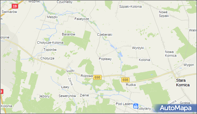 mapa Popławy gmina Stara Kornica, Popławy gmina Stara Kornica na mapie Targeo