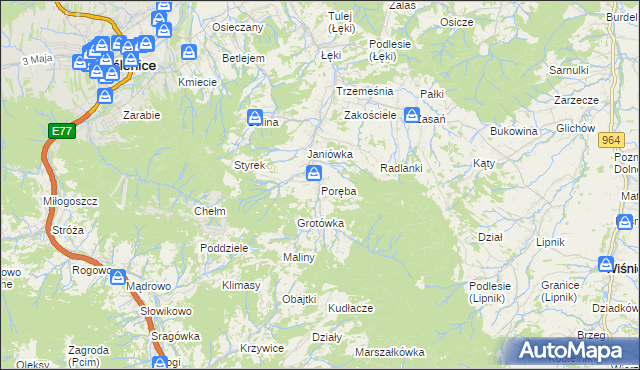 mapa Poręba gmina Myślenice, Poręba gmina Myślenice na mapie Targeo
