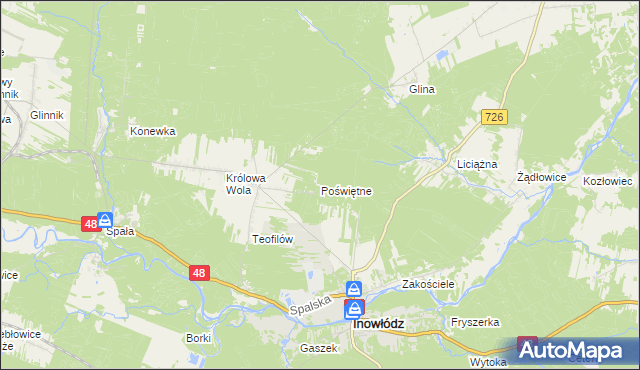 mapa Poświętne gmina Inowłódz, Poświętne gmina Inowłódz na mapie Targeo