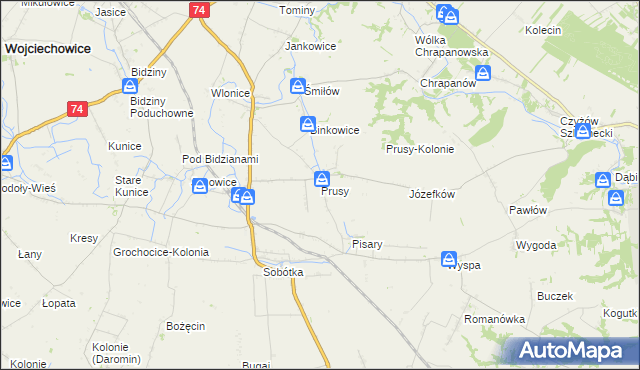 mapa Prusy gmina Ożarów, Prusy gmina Ożarów na mapie Targeo