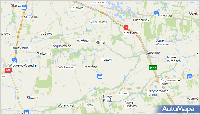 mapa Pruszyn gmina Płońsk, Pruszyn gmina Płońsk na mapie Targeo