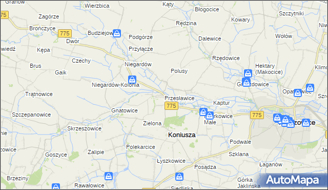 mapa Przesławice gmina Koniusza, Przesławice gmina Koniusza na mapie Targeo