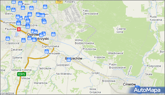 mapa Przyborów gmina Bodzechów, Przyborów gmina Bodzechów na mapie Targeo